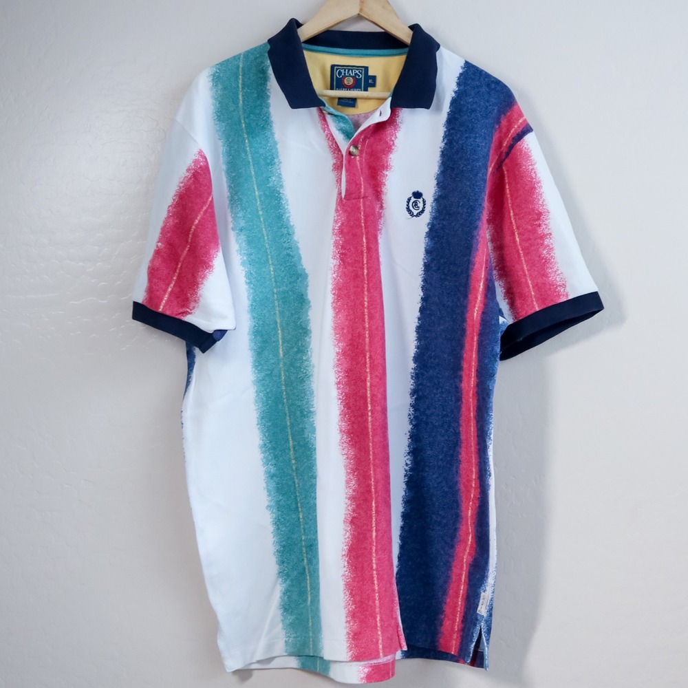 Vintage Chaps Ralph Lauren Polo Shirt XL Paintbrush‎ Stripe Crest Logo 90s - Picture 4 of 15